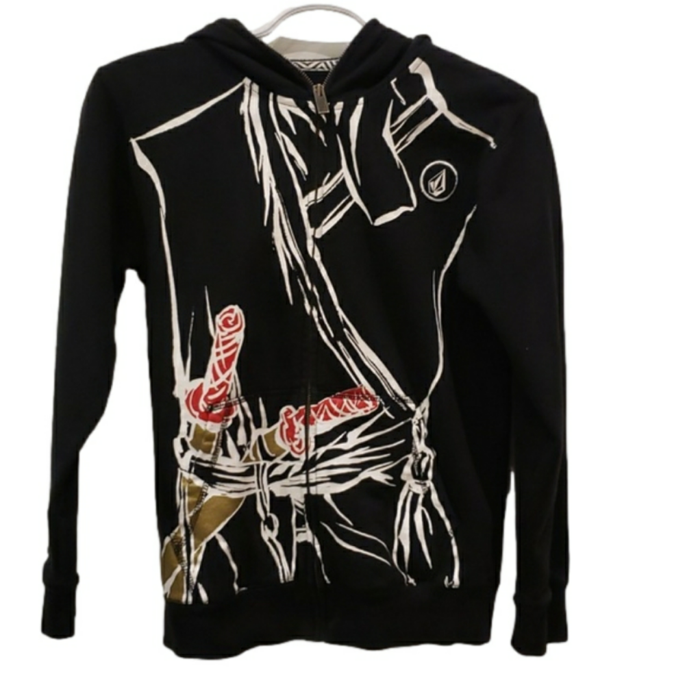 VOLCOM hoodie Black Graphic Full Zip Face Mask Ninja Katana Sward Double S
